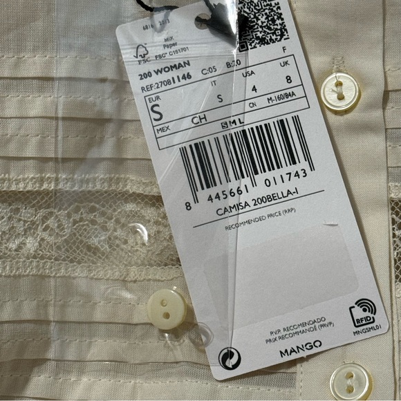 NWT MANGO MNG Size 4 Sml BOHO Cream Blouse Puff Sleeve Lace Insert Romantic NEW - Picture 10 of 13